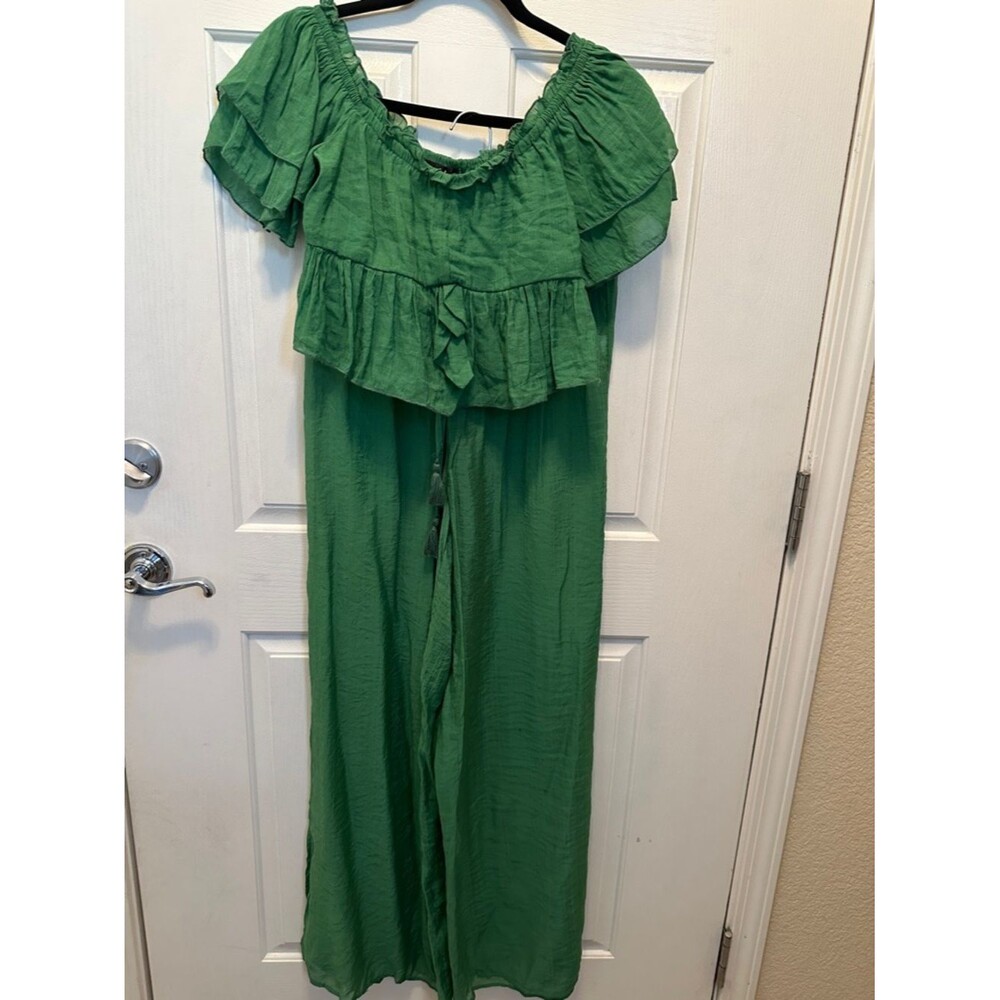 Lulu's Green Off-Shoulder 2 Piece 100% Cotton Top & Pant Set Size Sm